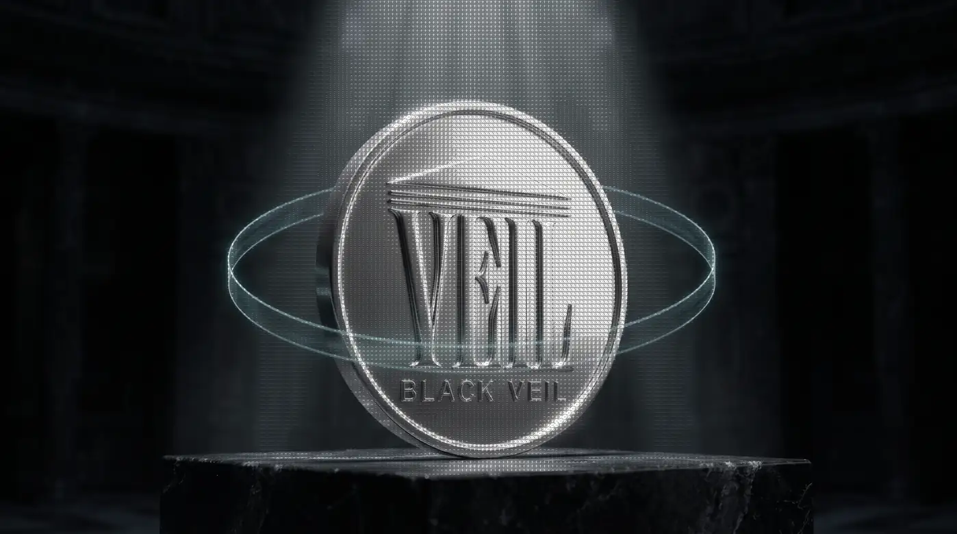 The silver VEIL coin on a black marble plinth