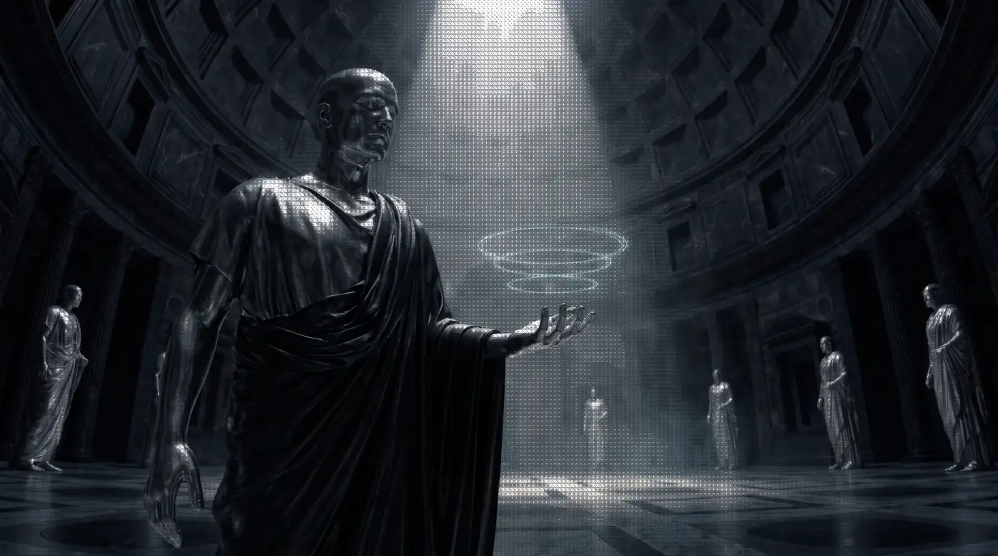 A silver android senator in a black toga holding three holographic rings above an open hand