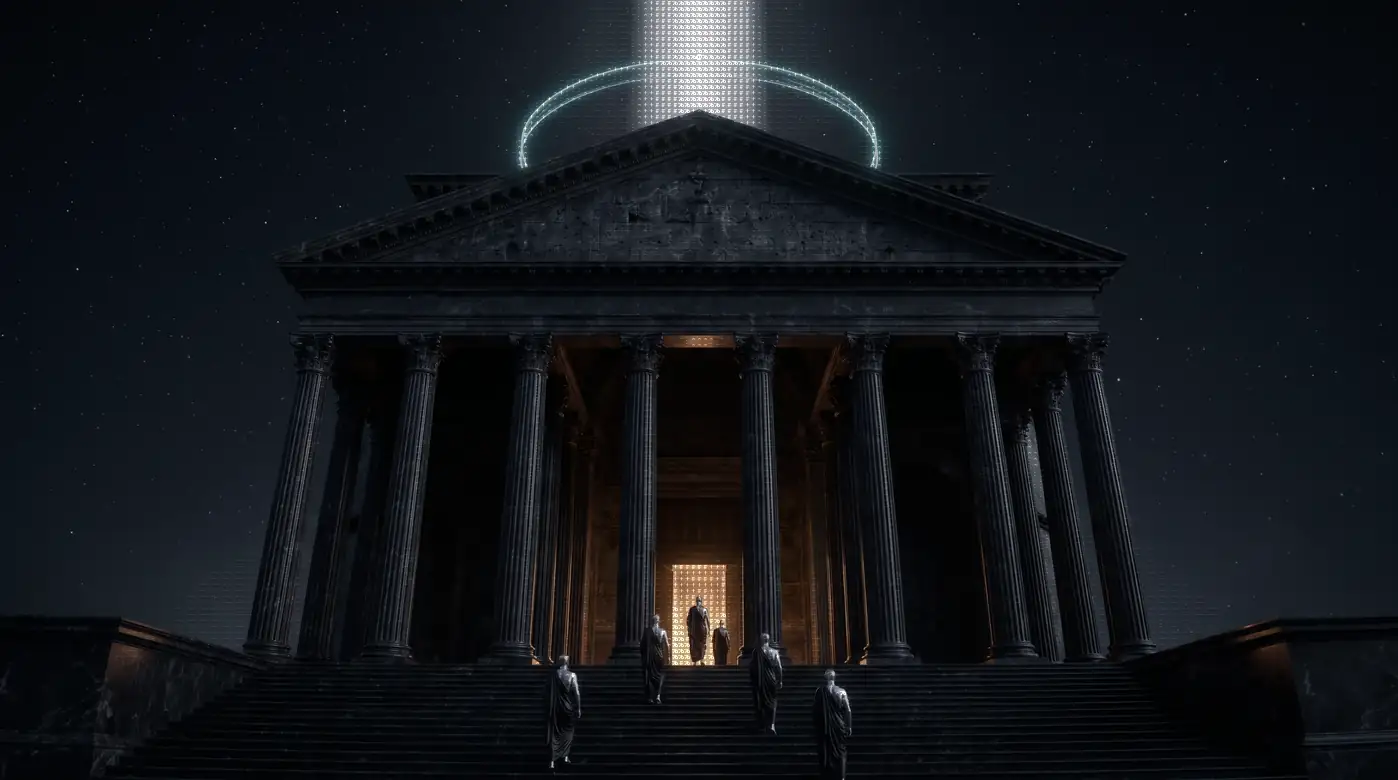 A black marble temple at night with a beam of light rising from its roof