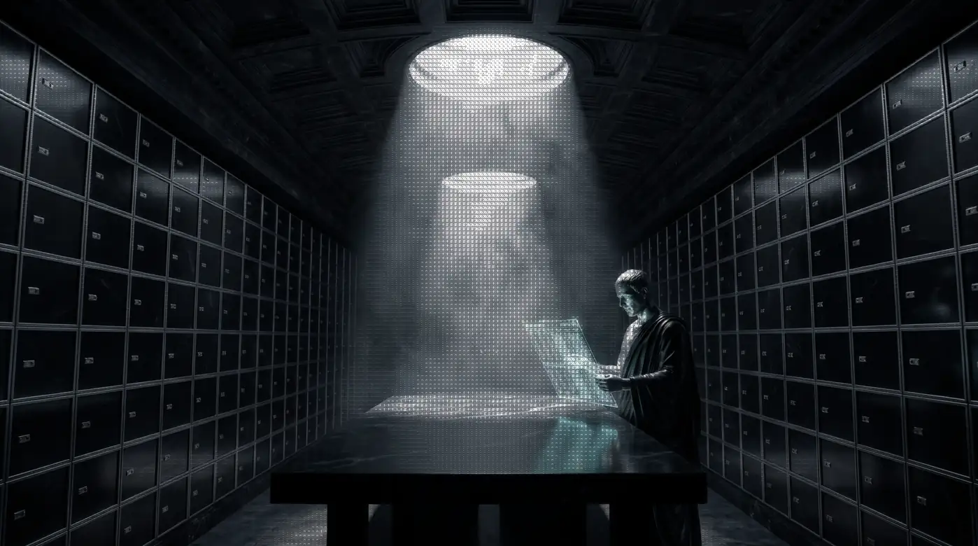 A vault hall of black marble strongboxes where a silver android banker reads a holographic ledger